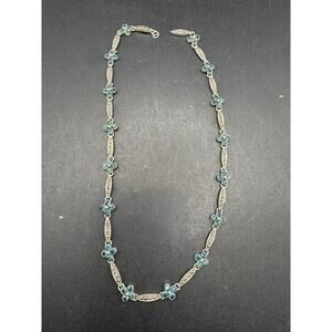 Vintage 925 Sterling Silver Blue Stone Marcasite Flower Station Link Necklace
